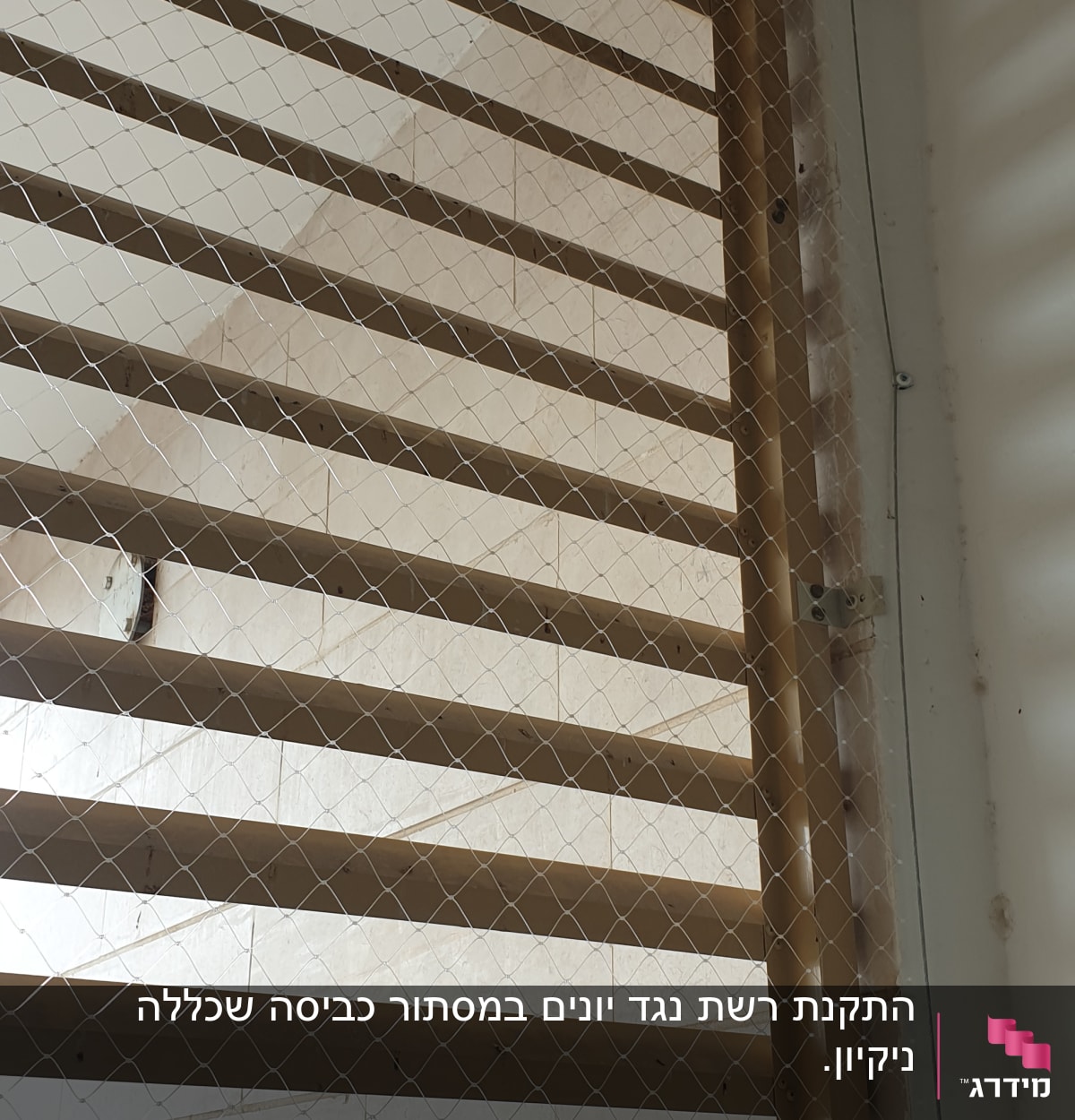 רשת מתכת מותקנת על חלון למניעת כניסת יונים